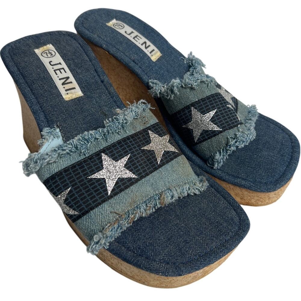 J.E.N.I. Y2K Denim Cork Heels Size 7.5 Women's Squared Toe Slides